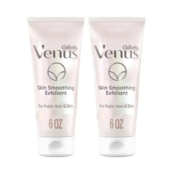 Two 6oz tubes of Gillette Venus Intimate Grooming Skin-Smoothing Exfoliant by Gillette are displayed side by side against a white background. This is a 2 pack for intimate grooming.
